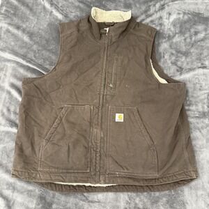 Carhartt Vest Mens XL Brown Sherpa Lined Canvas Workwear Zip Pockets Outdoor